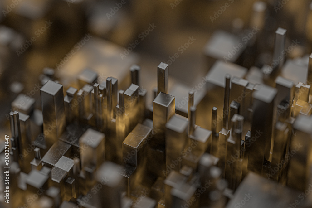 Randomly distributed cubes, Industrial background, 3d rendering.