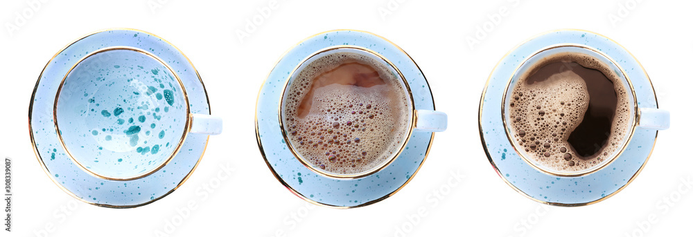 Empty cup with saucer on white background