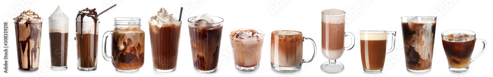 Plastic cup of tasty cold coffee with chocolate on white background