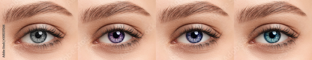 Female eyes with different contact lenses