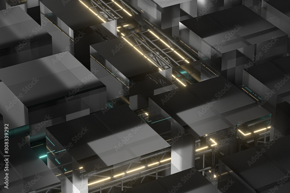 Steel frame and glowing cubes, 3d rendering.