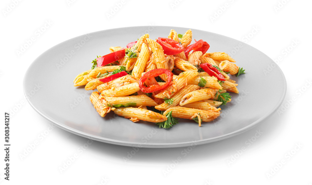 Plate with tasty pasta on white background