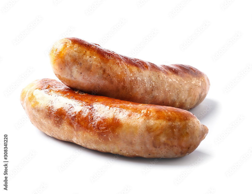 Tasty grilled sausages on white background