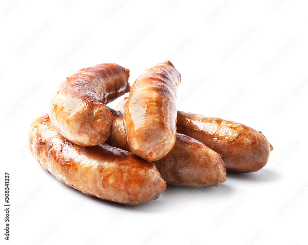 Tasty grilled sausages on white background