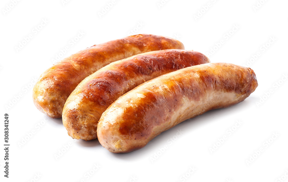 Tasty grilled sausages on white background