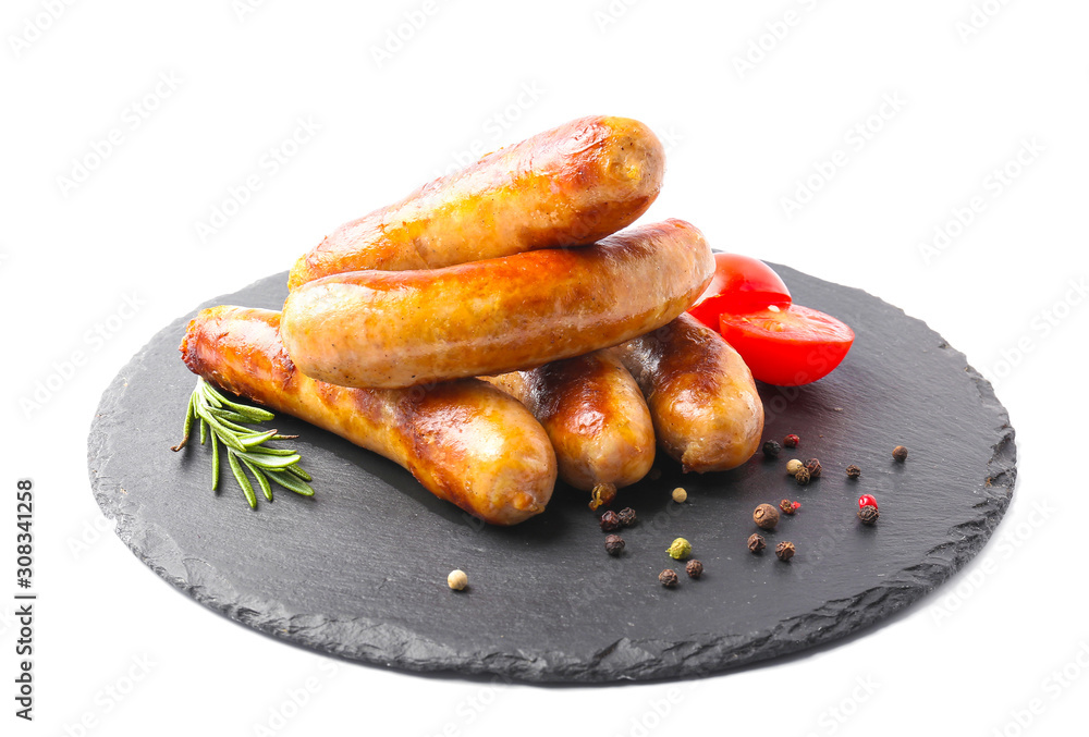 Slate plate with tasty grilled sausages on white background