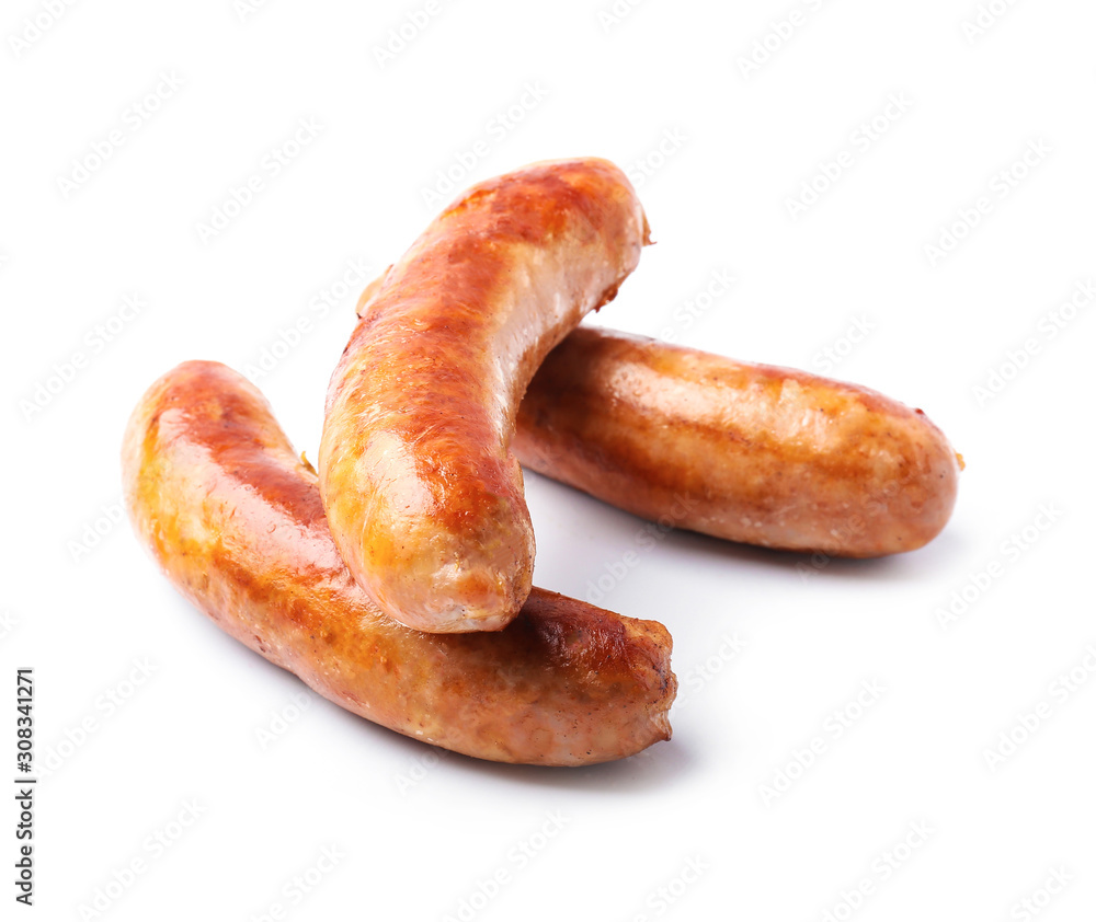 Tasty grilled sausages on white background