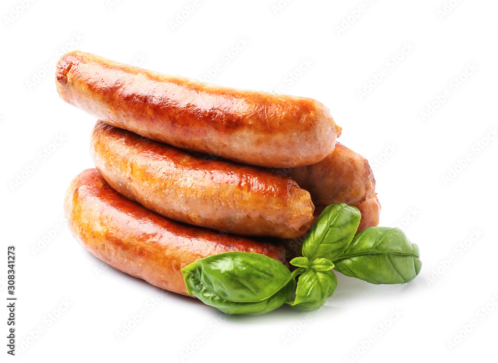 Tasty grilled sausages on white background