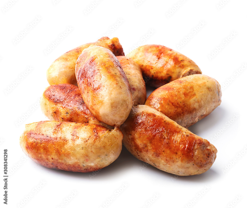 Tasty grilled sausages on white background