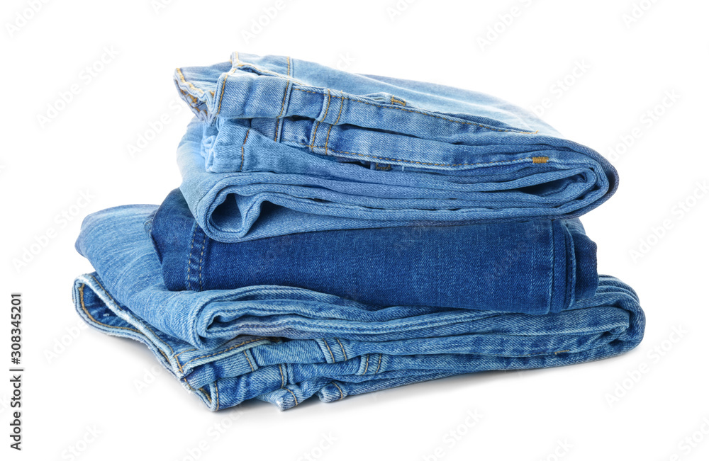 Stack of clean clothes on white background