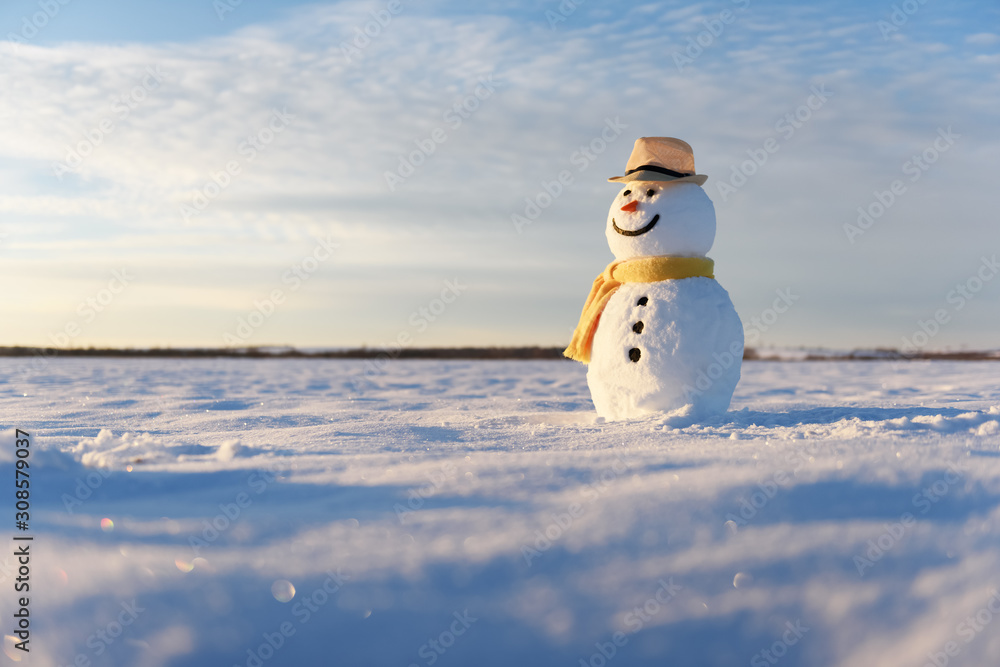 雪地上戴着时髦帽子、长着黄色鳞片的有趣雪人。圣诞快乐，新年快乐！