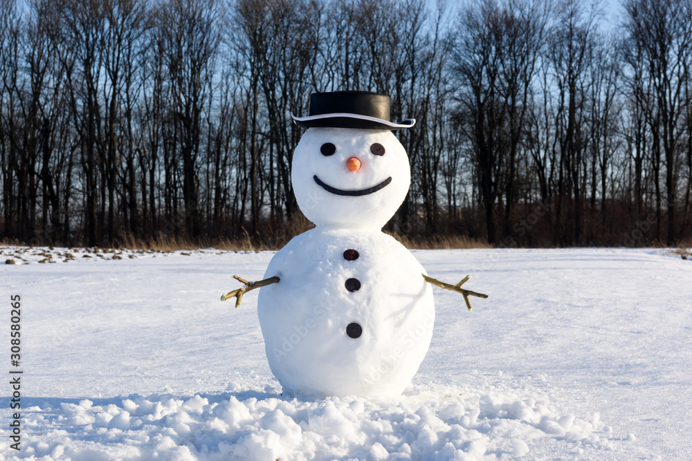 雪地上戴着时髦黑帽子的有趣雪人。圣诞快乐，新年快乐！