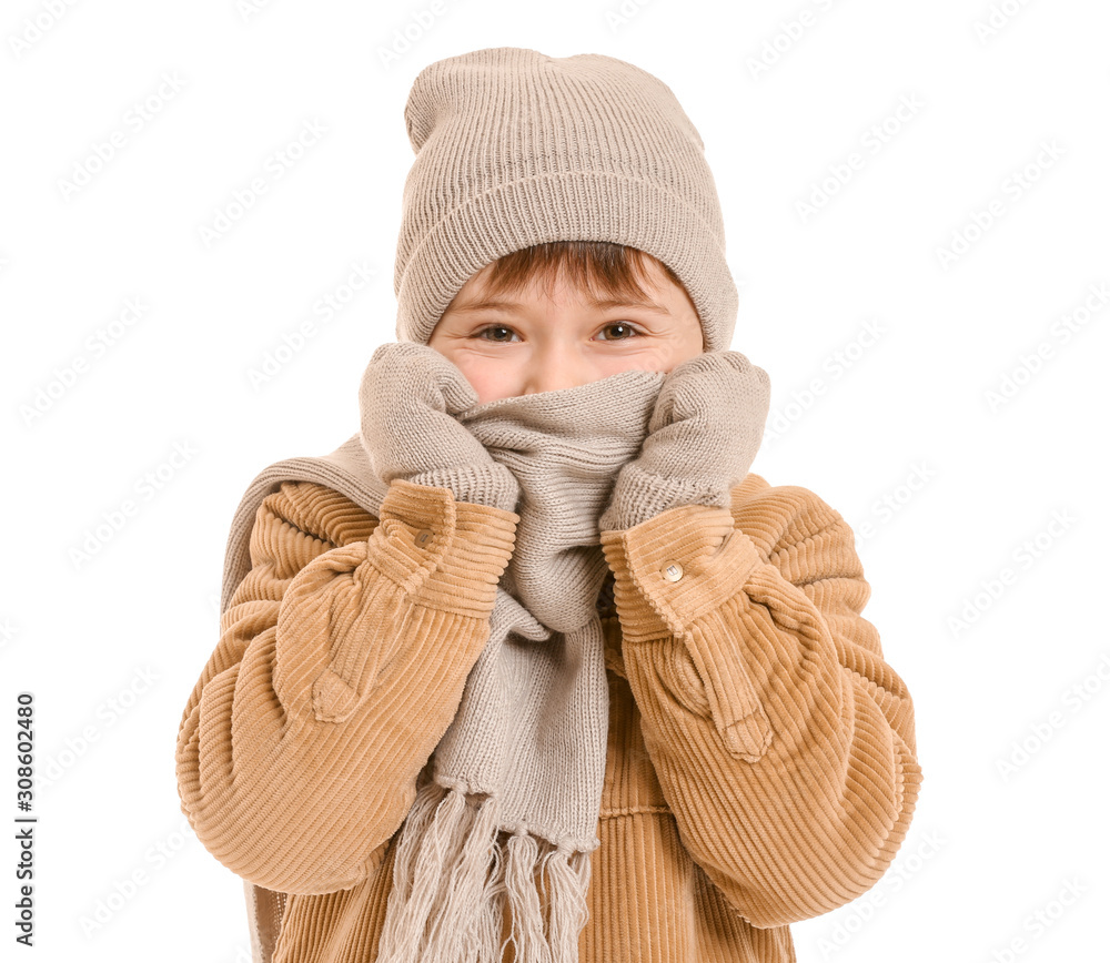 Cute little boy in winter clothes on white background