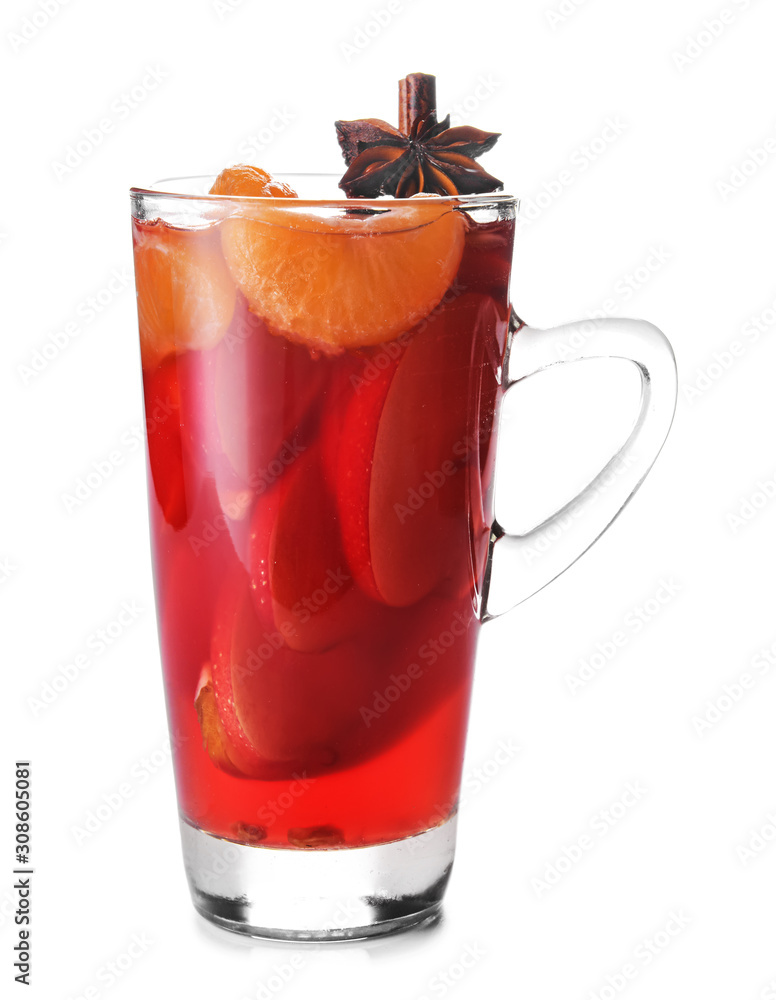 Glass cup of tasty mulled wine on white background