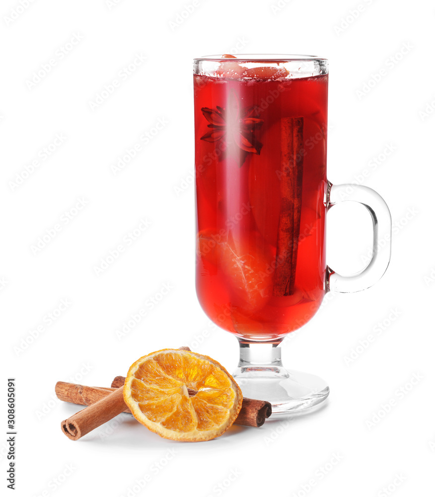 Glass cup of tasty mulled wine on white background