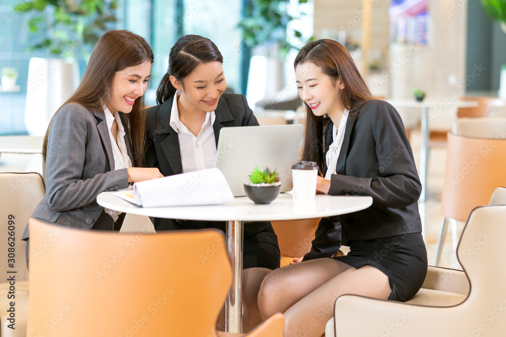 group of business asian female business uniform casual meeting online with client on laptop with mod