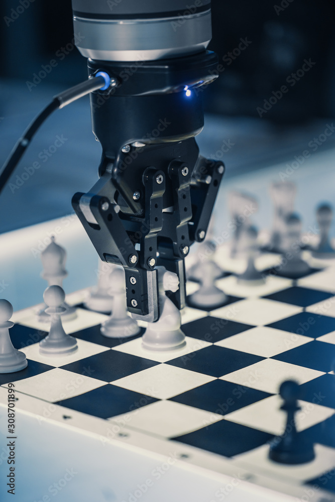 Close Up Vertical Shot of Artificial Intelligence Operating a Futuristic Robotic Arm in a Game of Ch