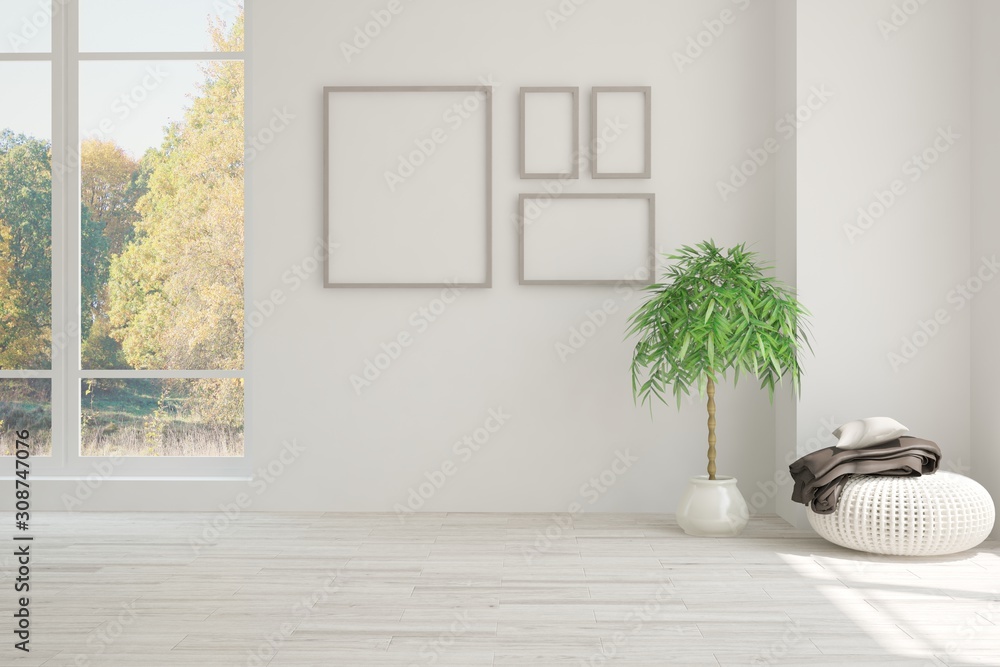 Stylish empty room in white color with autumn landscape in window. Scandinavian interior design. 3D 