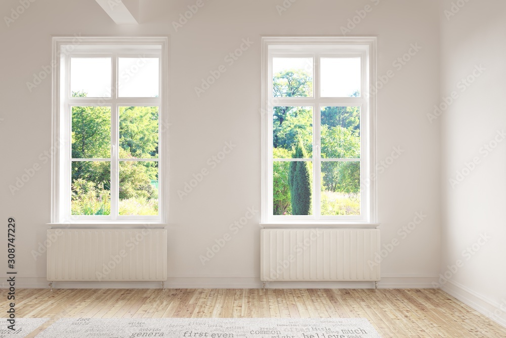 Stylish empty room in white color with summer landscape in window. Scandinavian interior design. 3D 