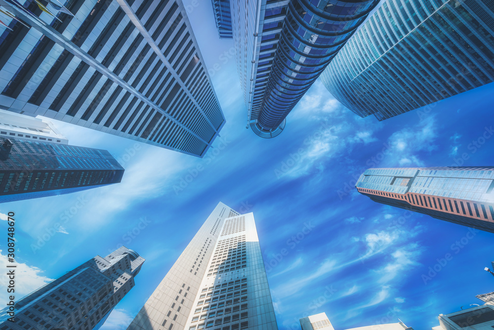 Modern buildings on blue sky at downtown in Singapore.