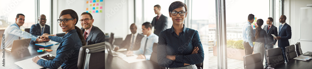 Collage of diverse businesspeople smiling while working in an office