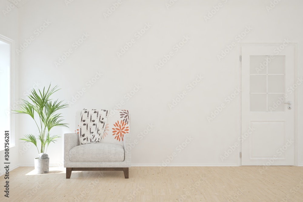 Empty room in white color with armchair and home plant. Scandinavian interior design. 3D illustratio