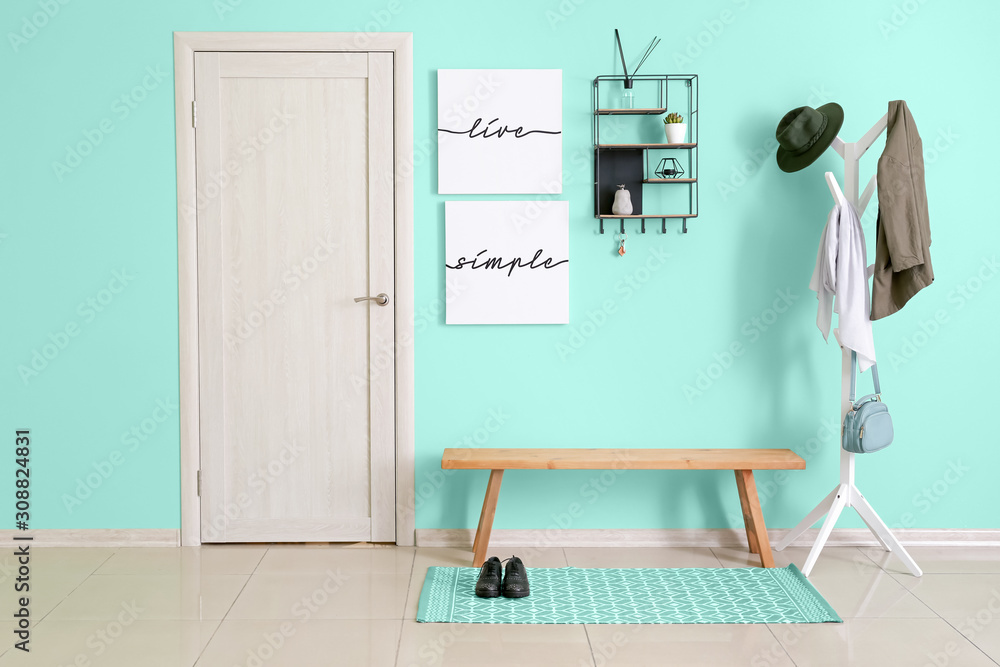 Stylish interior of hall in turquoise color