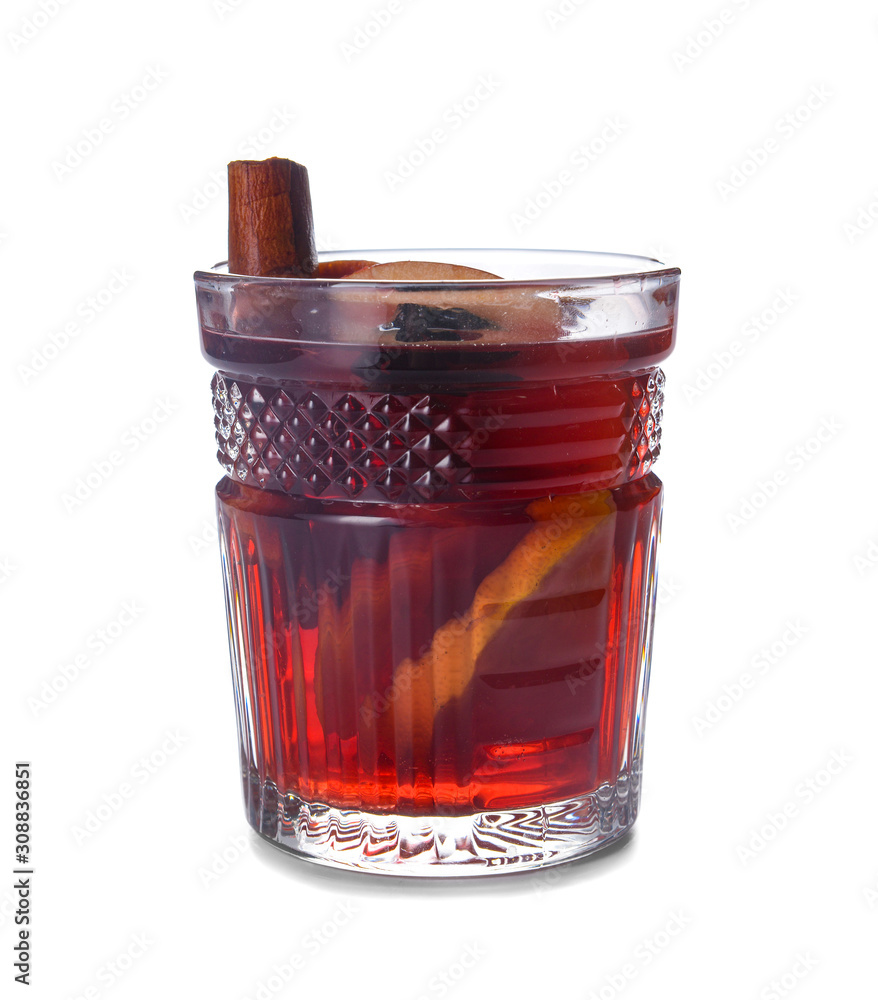 Glass of tasty mulled wine on white background