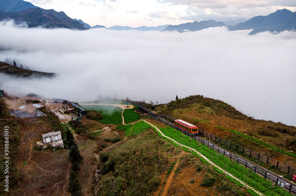 Tourist tram at Sapa City to Fansipan mountain, Fansipan tram, Sapa, Lao Cai, Vietnam. Red train car