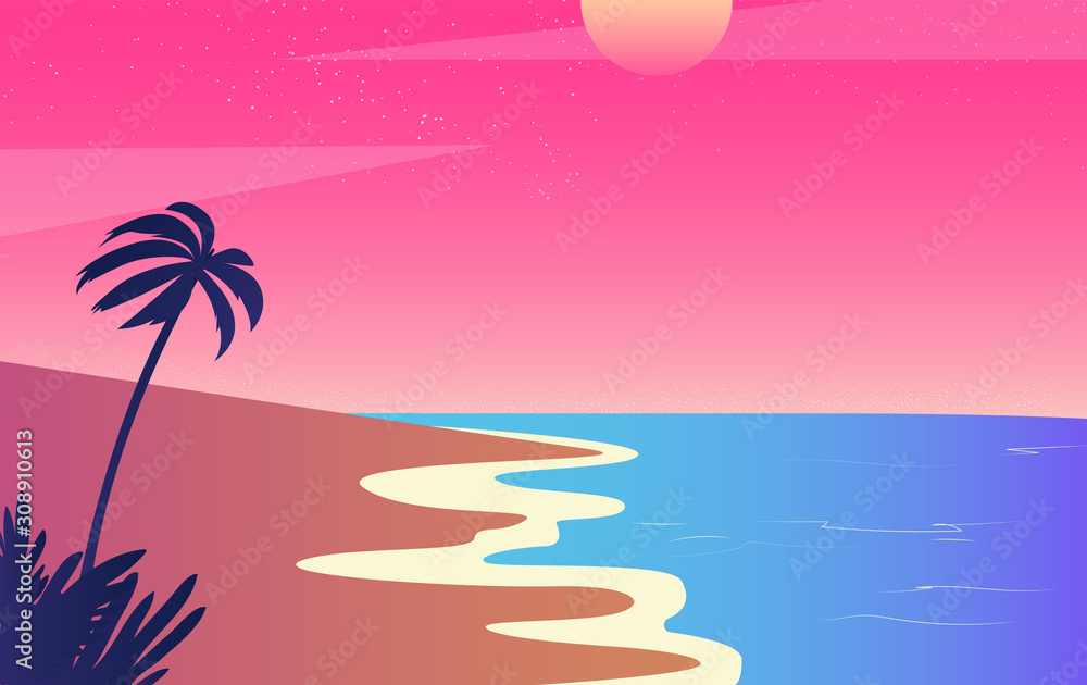 Sea and beach landscape concept. Silhouette man enjoy beauty of summer beach sunset. vector illustra