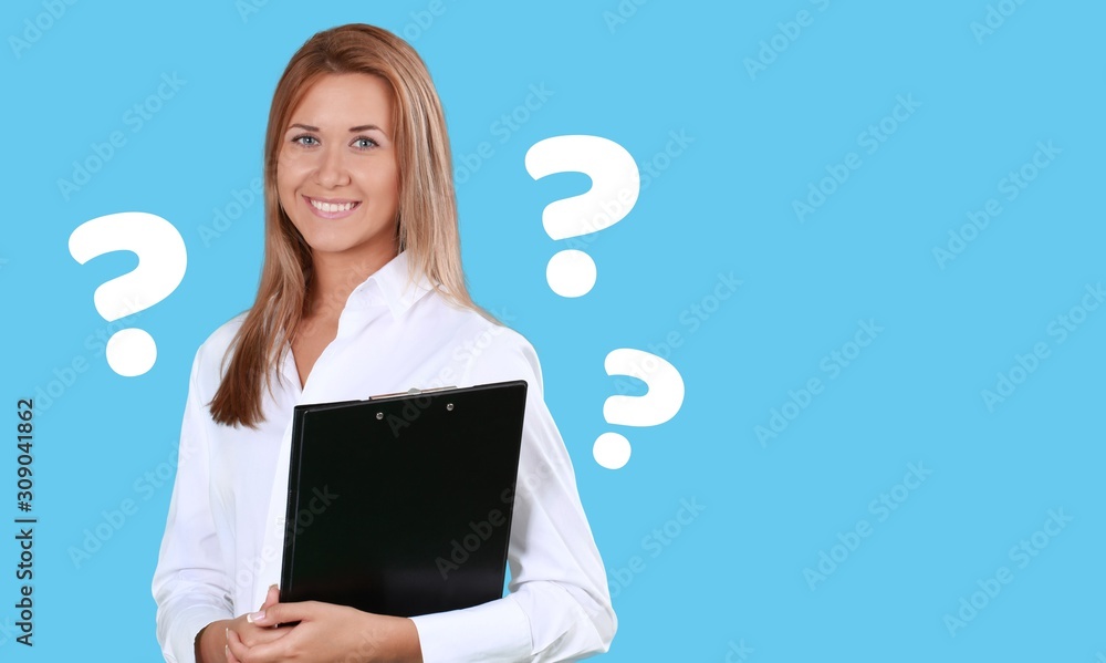 Question woman apron attractive beautiful beauty blue background