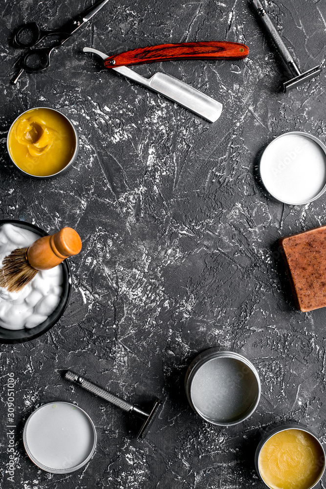 Tools for cutting beard in barbershop on workplace background top view mock-up