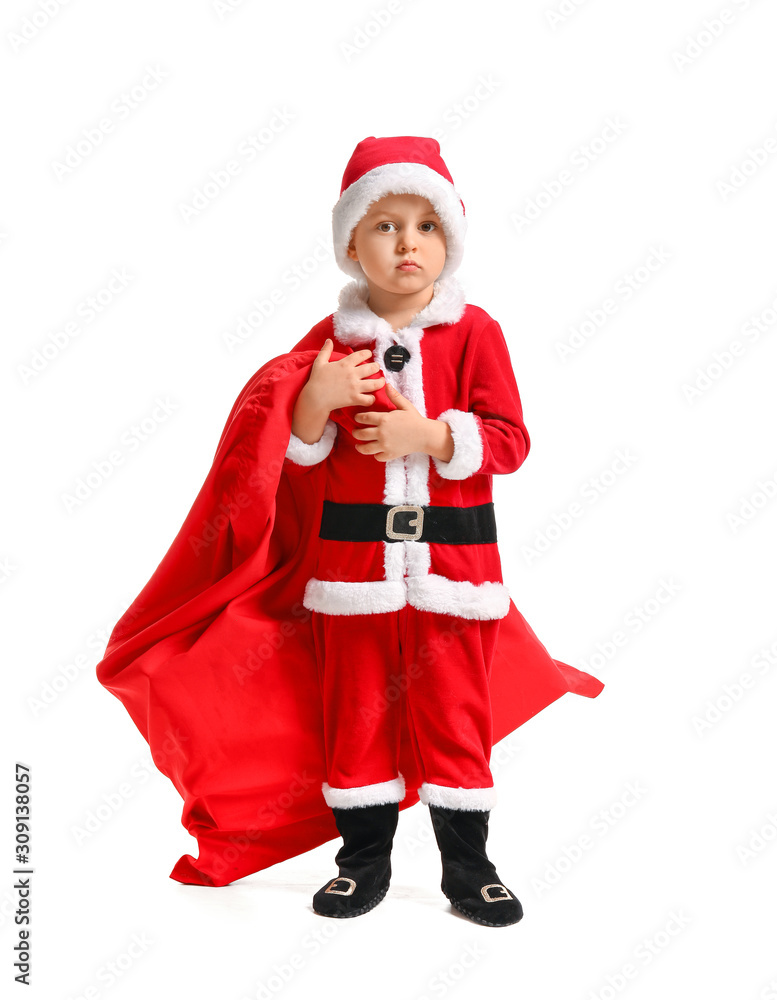 Cute little boy in Santa costume and with bag on white background