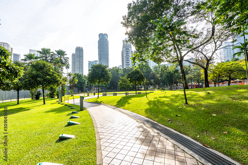 city skyline with park