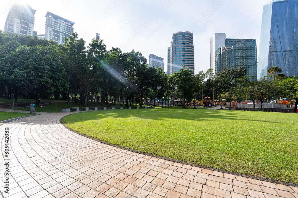 city skyline with park