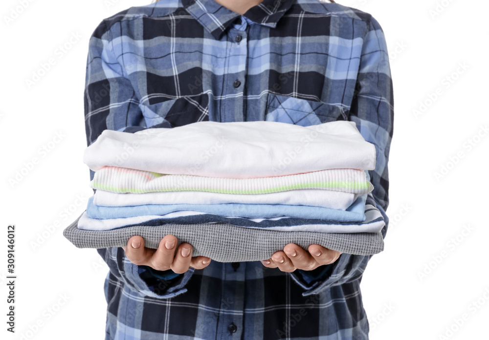 Young woman with clean clothes on white background, closeup