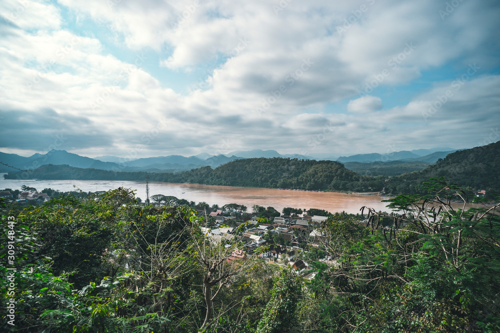 Luang Prabang City view from Phou Si, Top view the UNESCO Town Of Luang Prabang World Heritage Site,