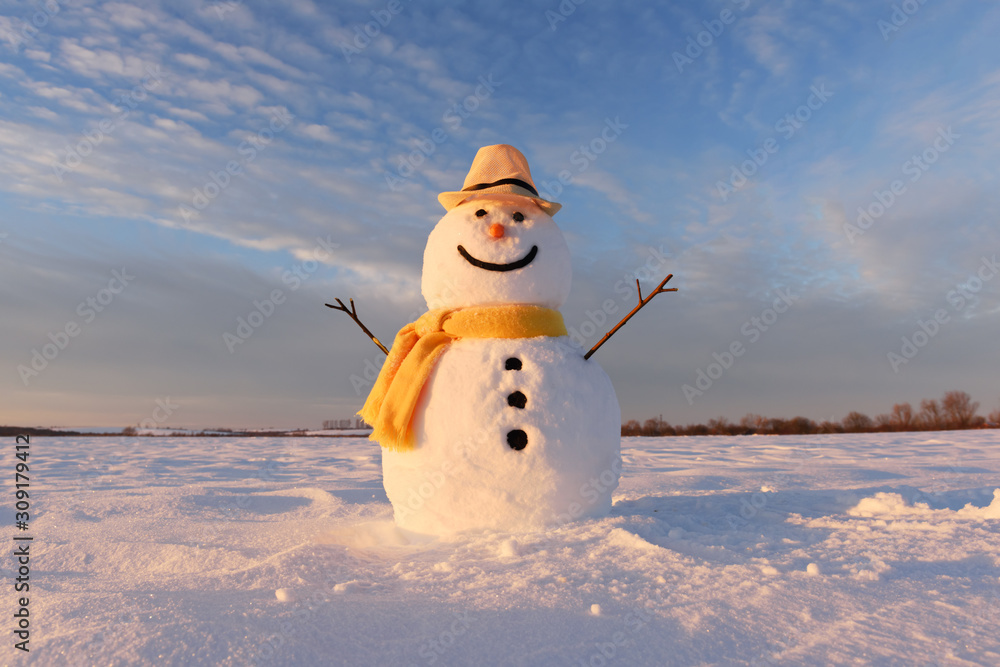 雪地上戴着时髦帽子、长着黄色鳞片的有趣雪人。圣诞快乐，新年快乐！