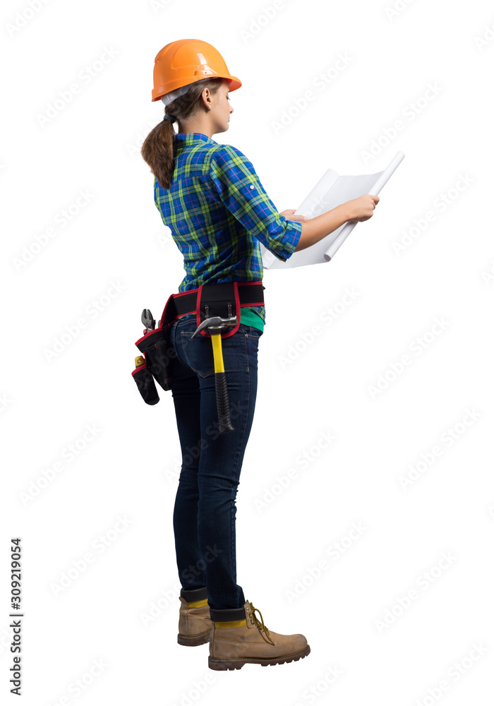 Young engineer in hard hat with blueprint