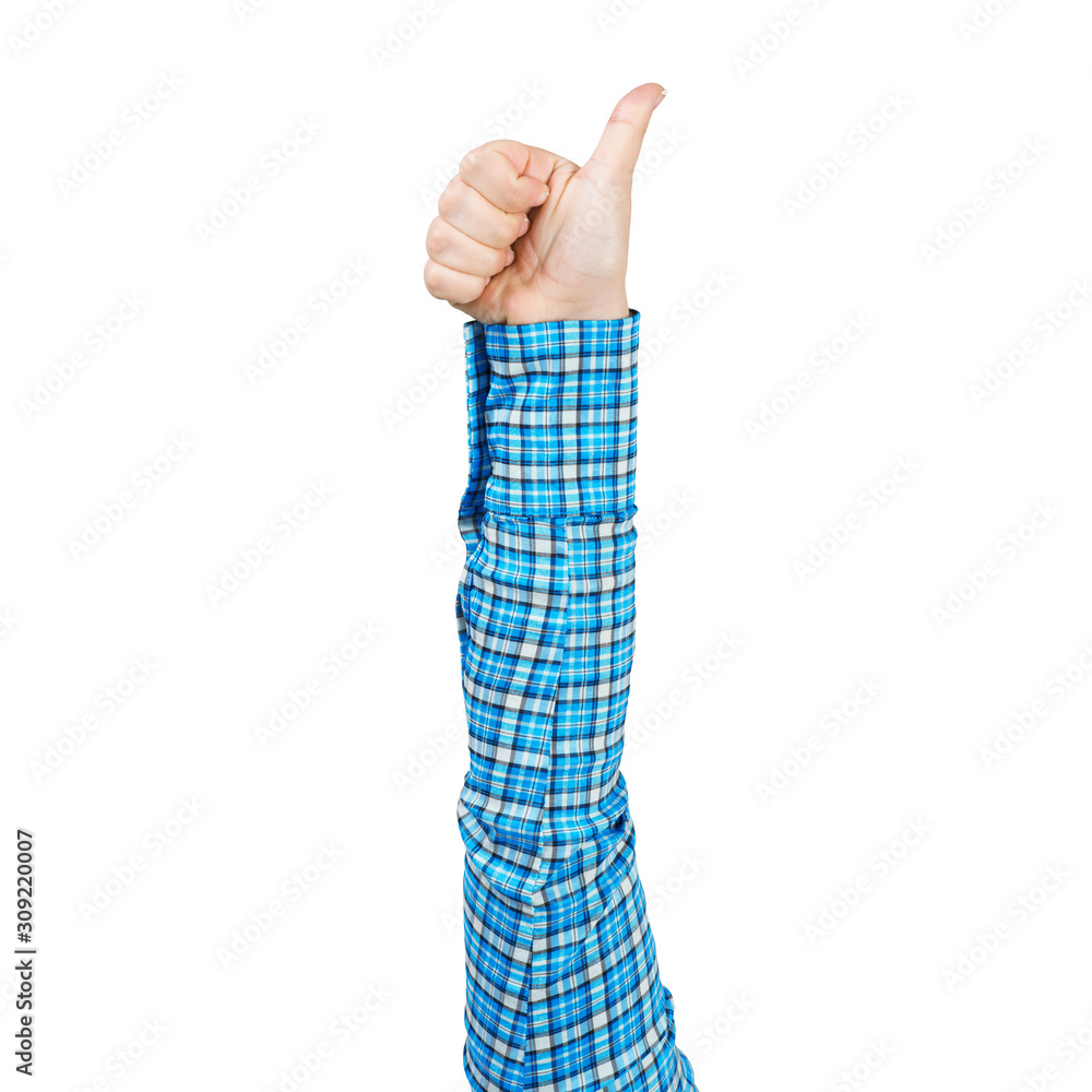 Woman hand in checkered shirt showing thumb up