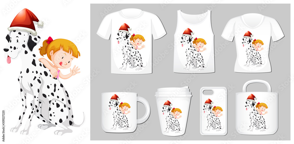 Christmas theme with girl and dog on many products