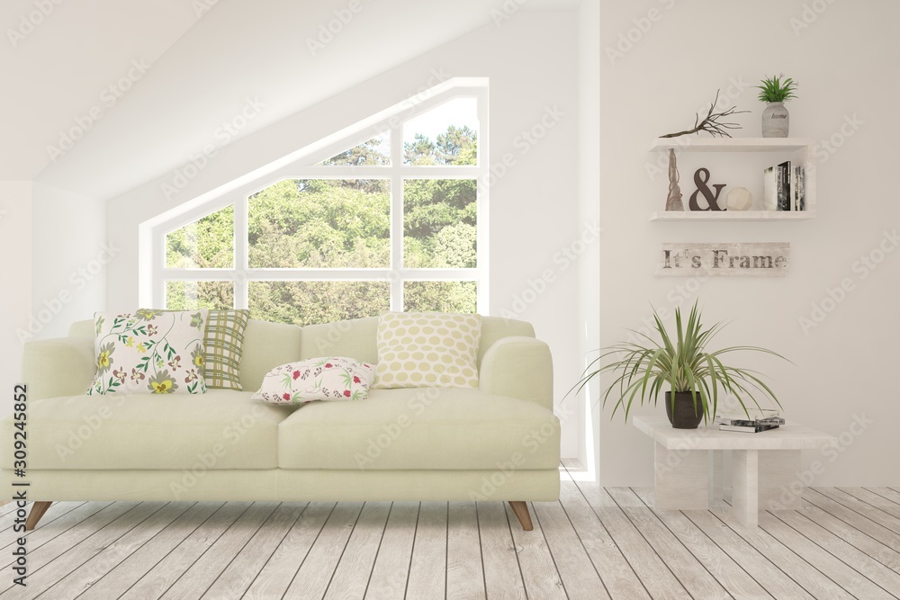 Stylish room in white color with sofa and summer landscape in window. Scandinavian interior design. 