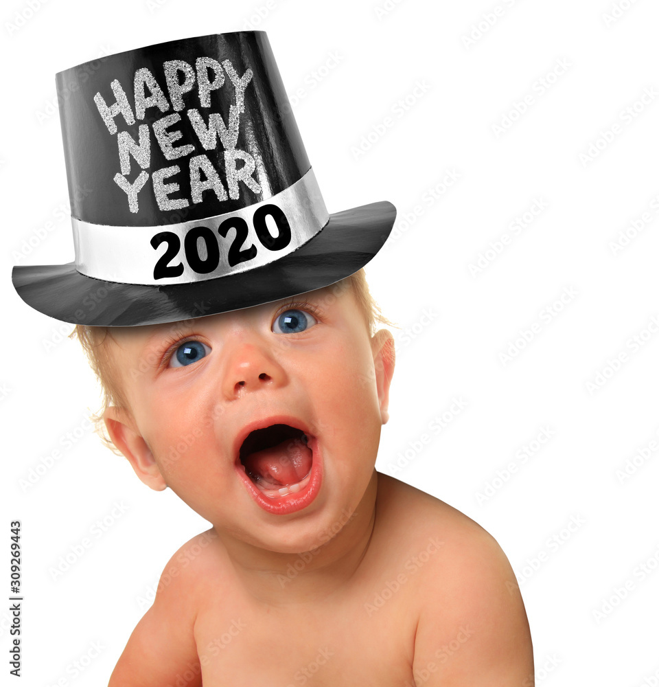 Happy New Year 2020 baby boy. Toddler wearing a happy New Year top hat, with a surprised expression 