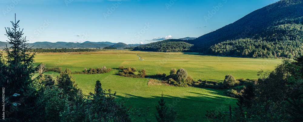 Panorama view of lake Cerknica (Cerknisko Jezero) in Slovenia. Intermittent lake, the biggest karst 