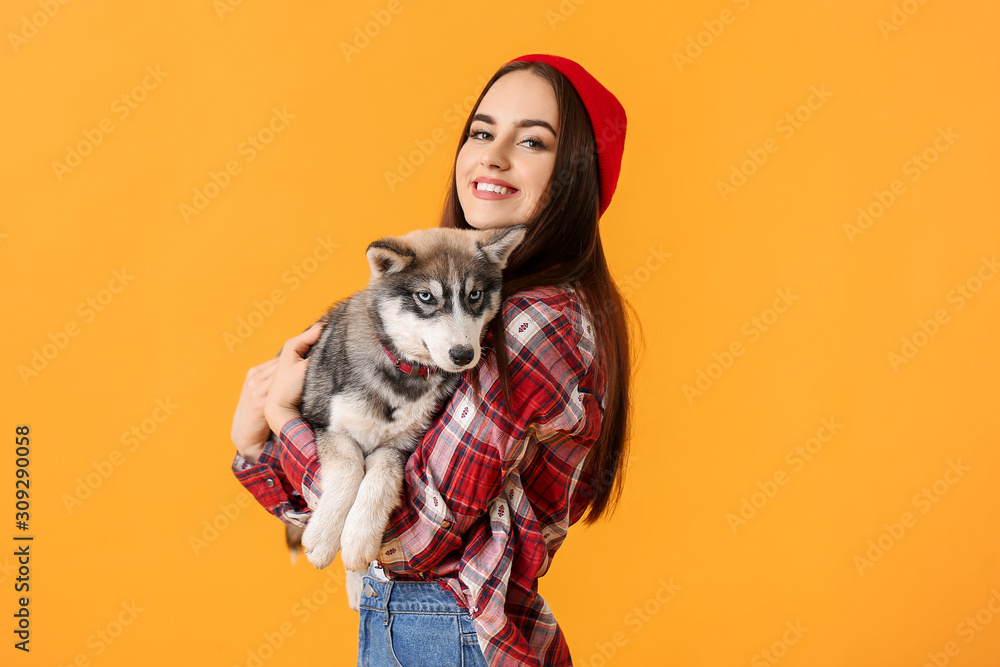 Stylish woman with funny husky puppy on color background