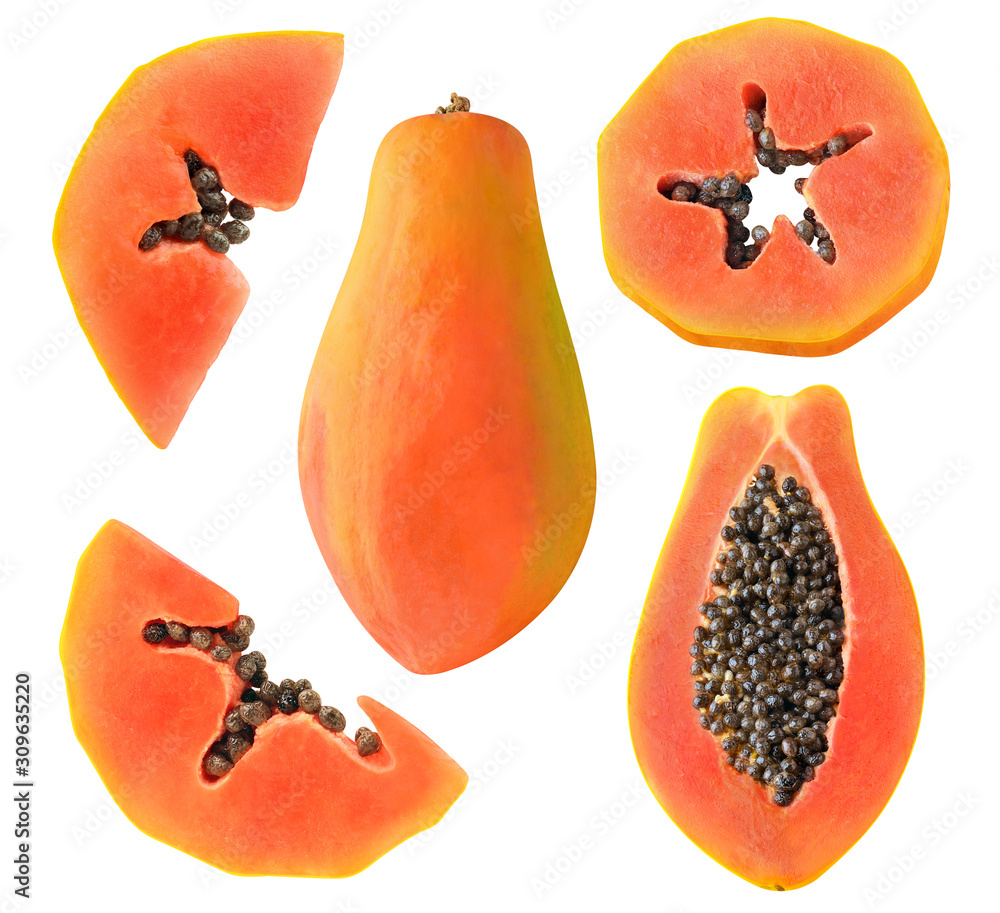 Isolated papaya. Collection of cut papaya fruit pieces isolated on white background with clipping pa