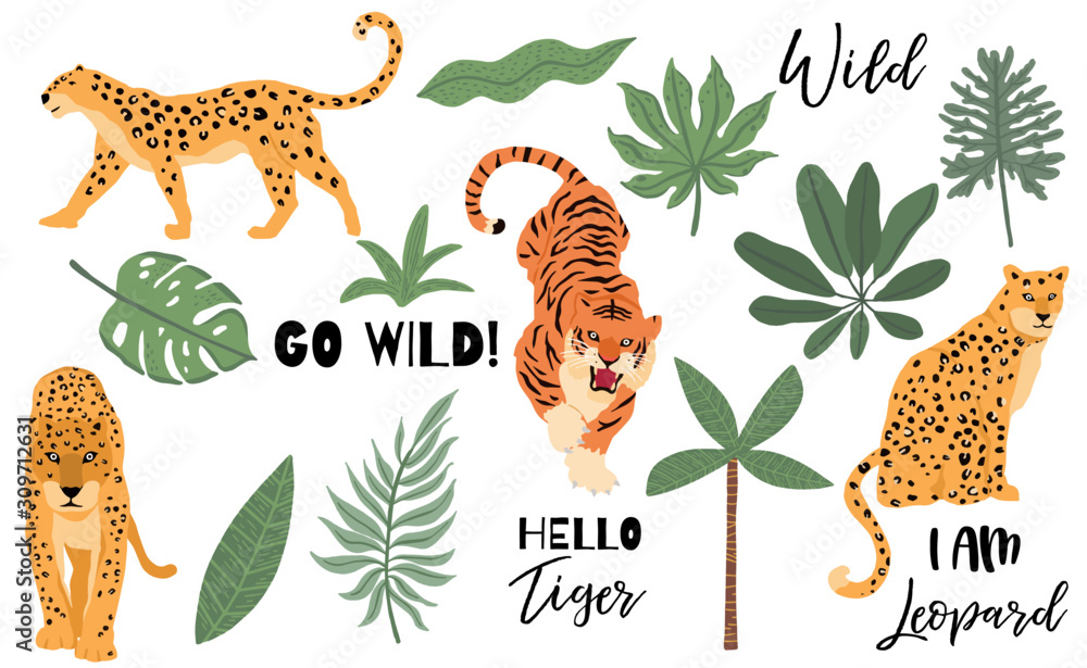 Cute animal object collection with leopard,tiger. illustration for icon,logo,sticker,printable.Inclu