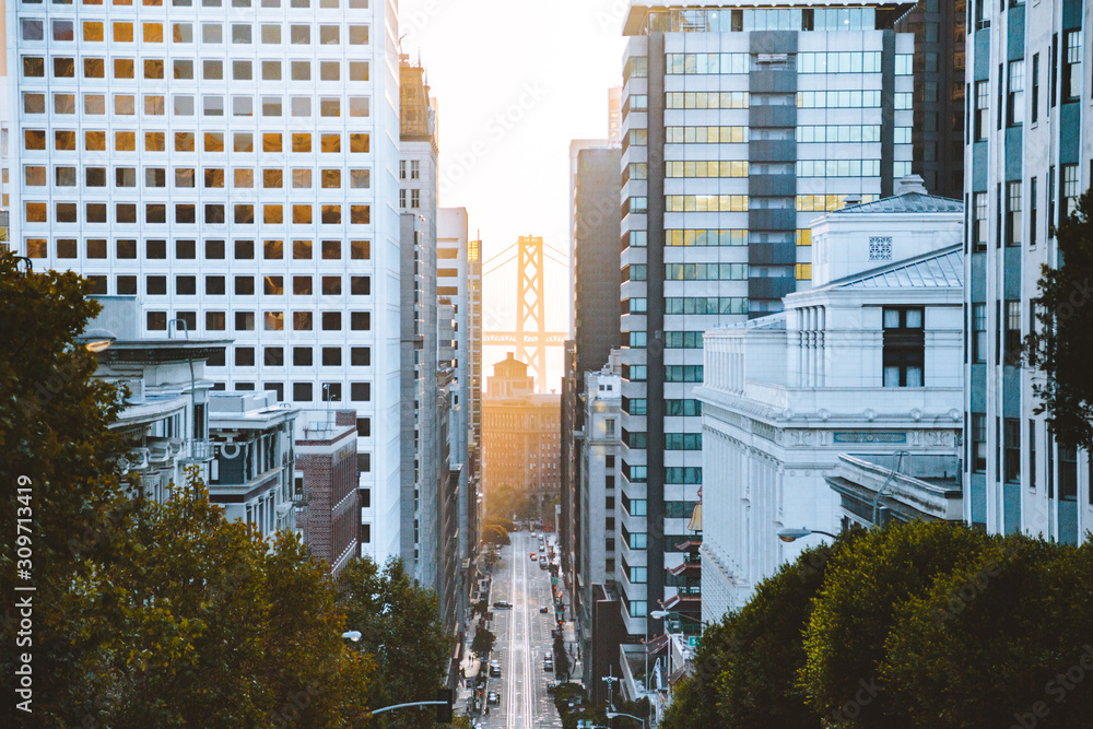 Downtown San Francisco with California Street at sunrise, San Francisco, California, USA