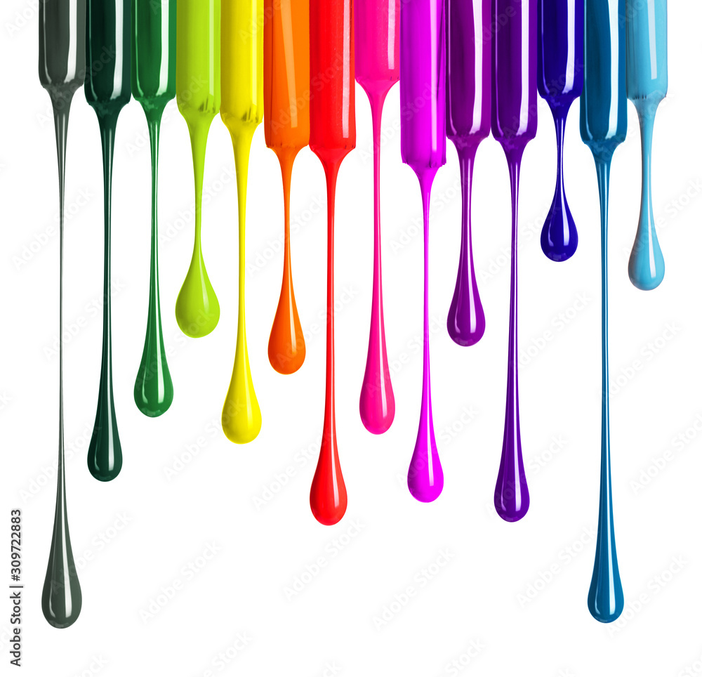 Colorful drops of nail polish drip from brushes close-up, isolated on white background