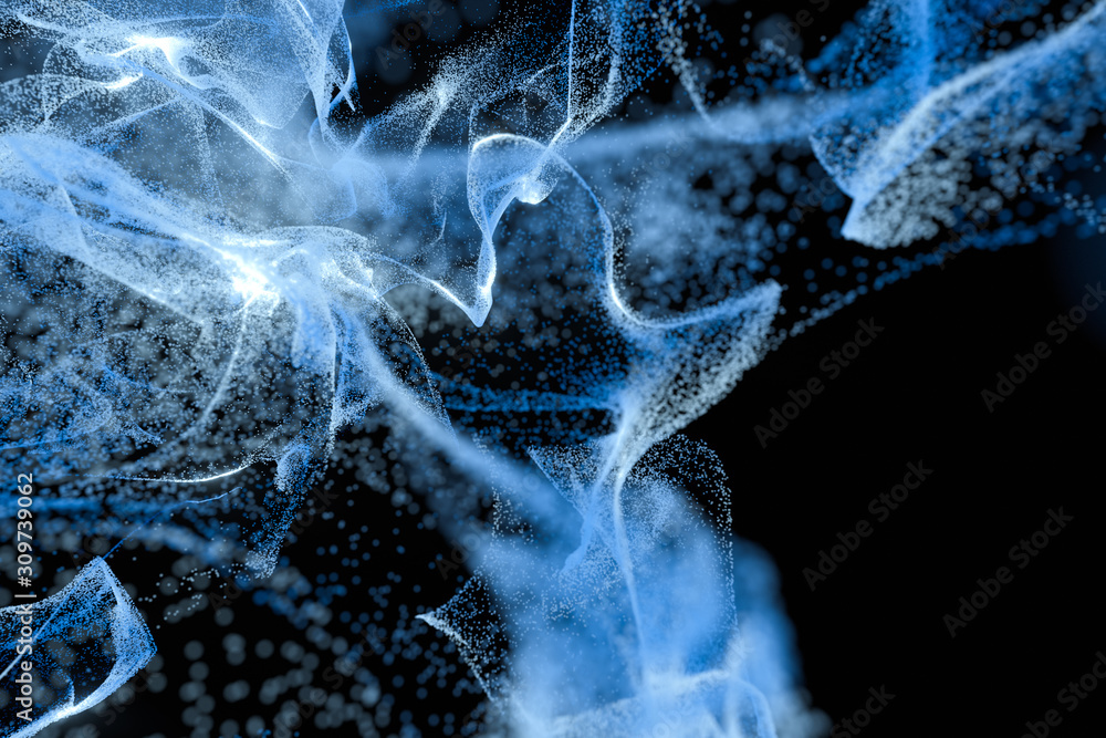 Particles moving on black background, 3d rendering.